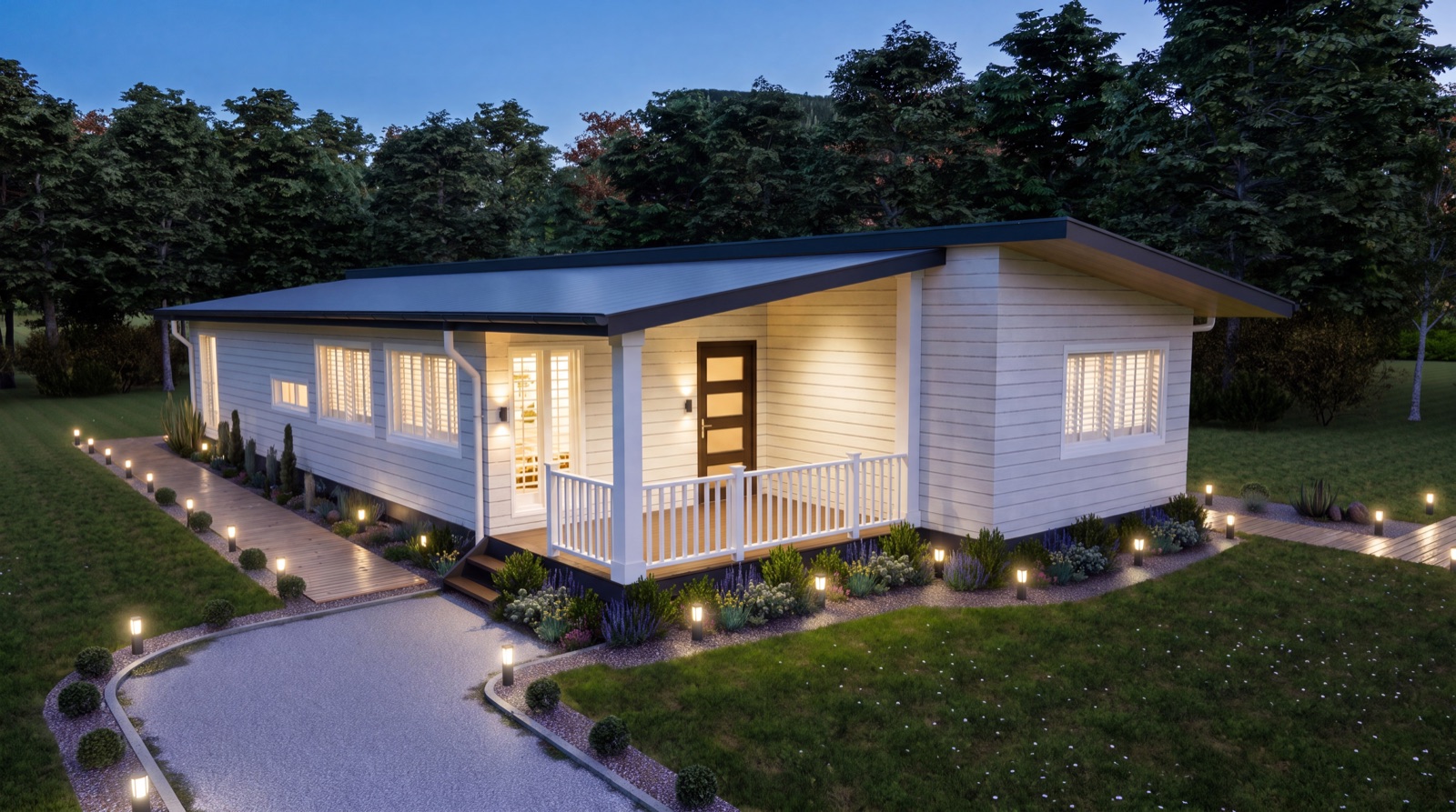 EVOKE exterior — aerial view from the front entry side at dusk