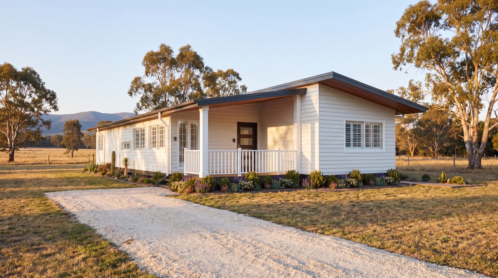 EVOKE exterior — golden hour on rural acreage with gravel drive and gum trees