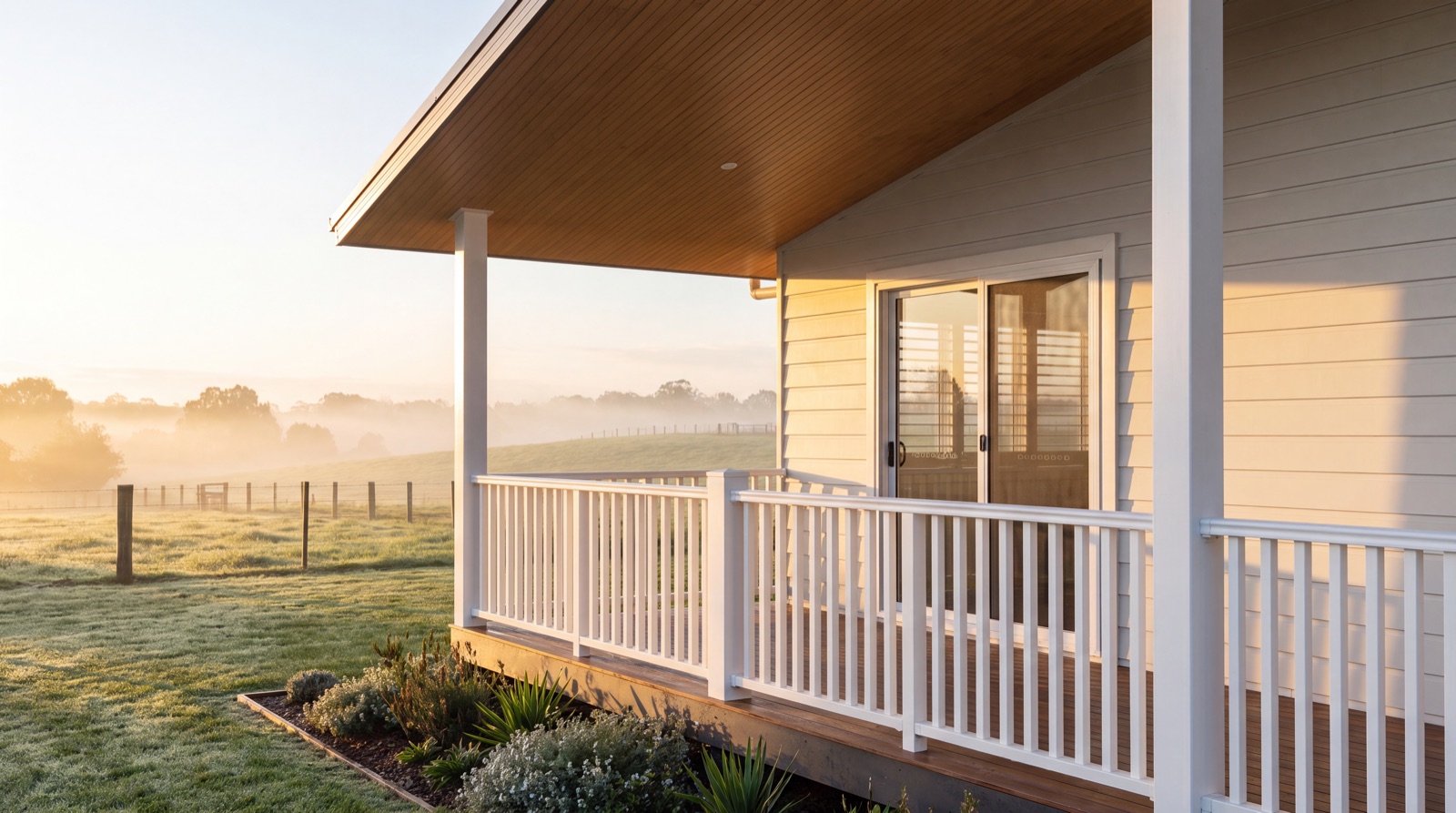EVOKE exterior — porch corner at misty sunrise over paddocks
