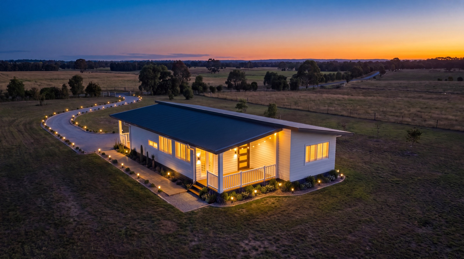 EVOKE exterior — from above at blue hour, windows glowing over open rural land