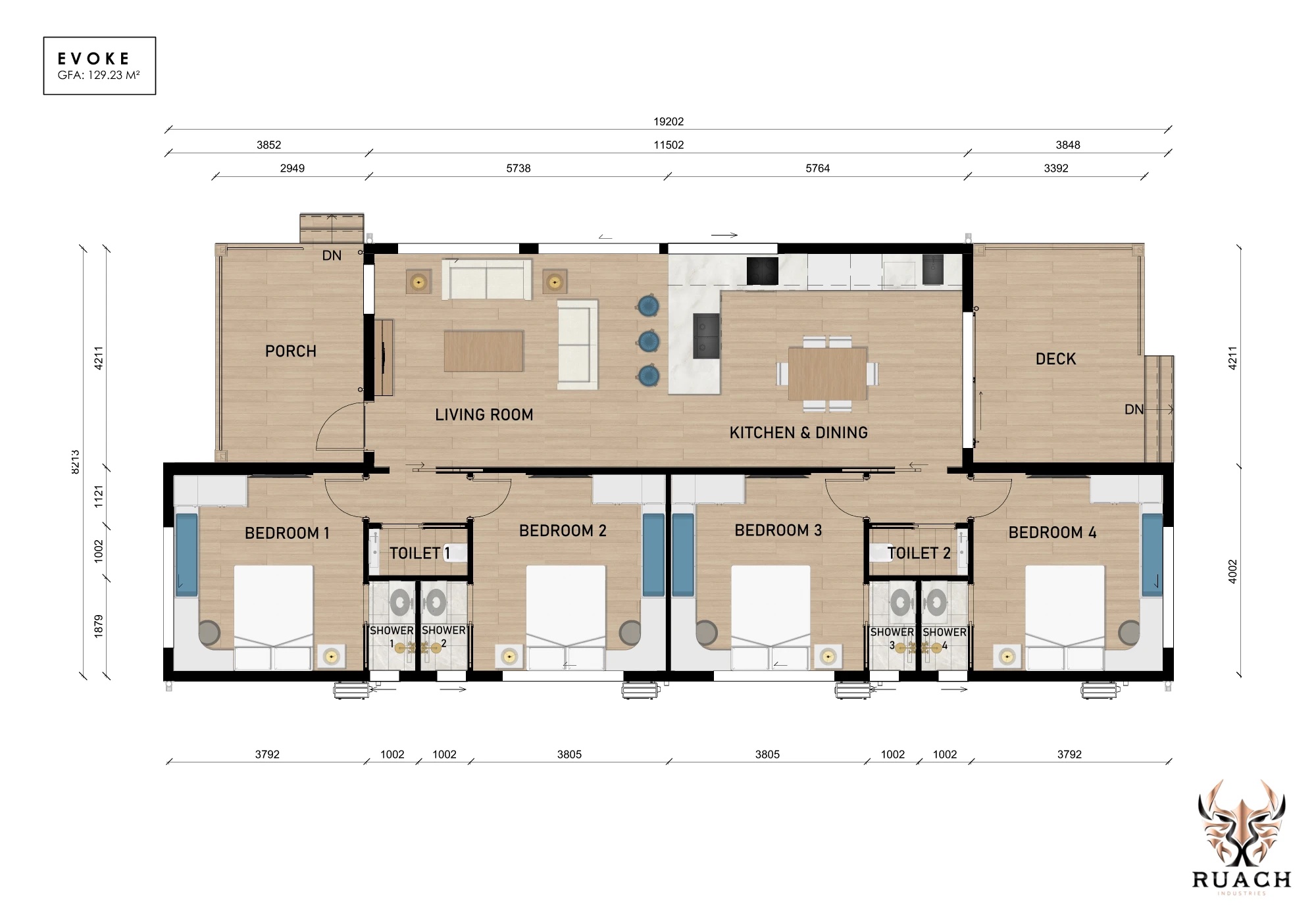 EVOKE floor plan — four bedrooms, open living and kitchen, porch and deck
