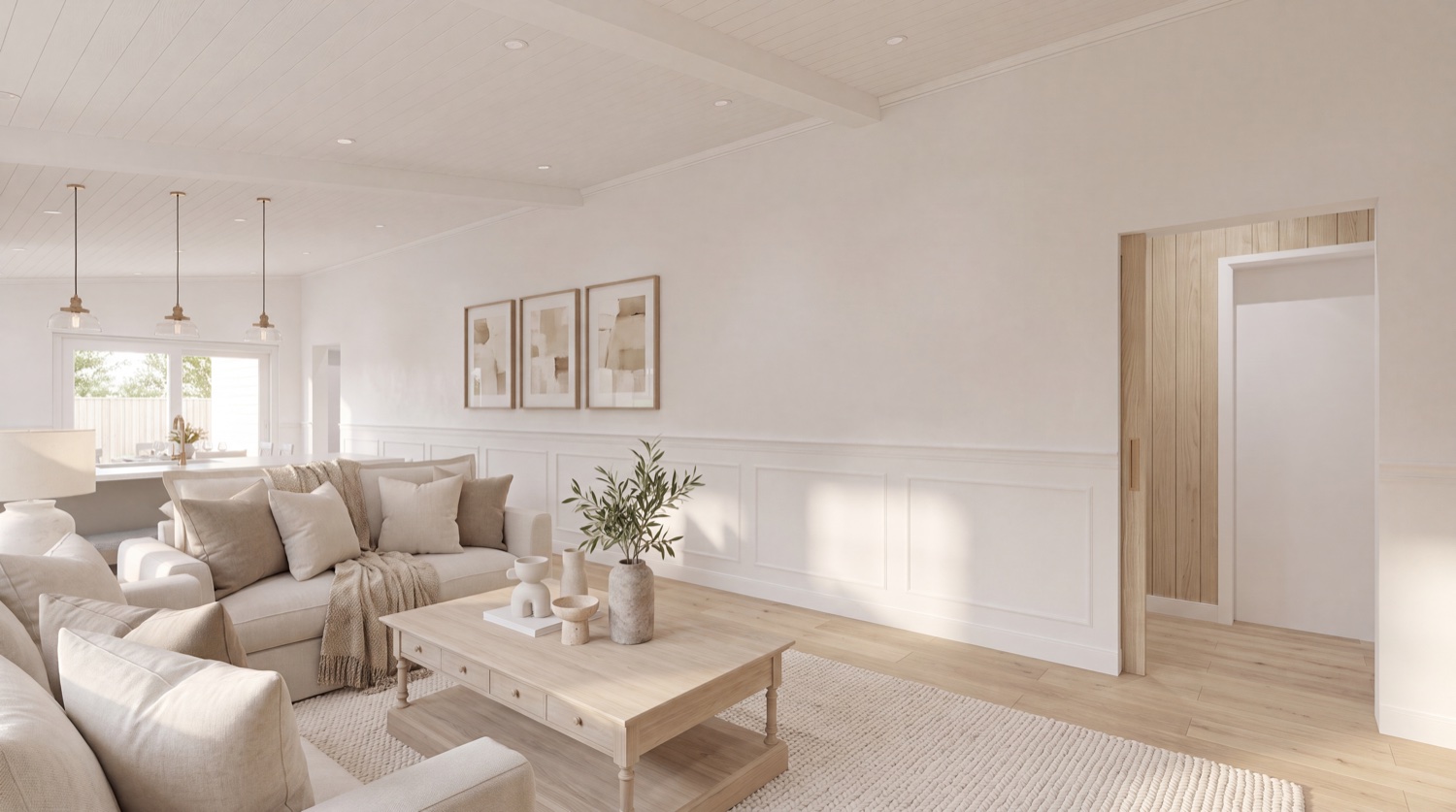 EVOKE Elegant Minimalist Living toward the bedroom wing