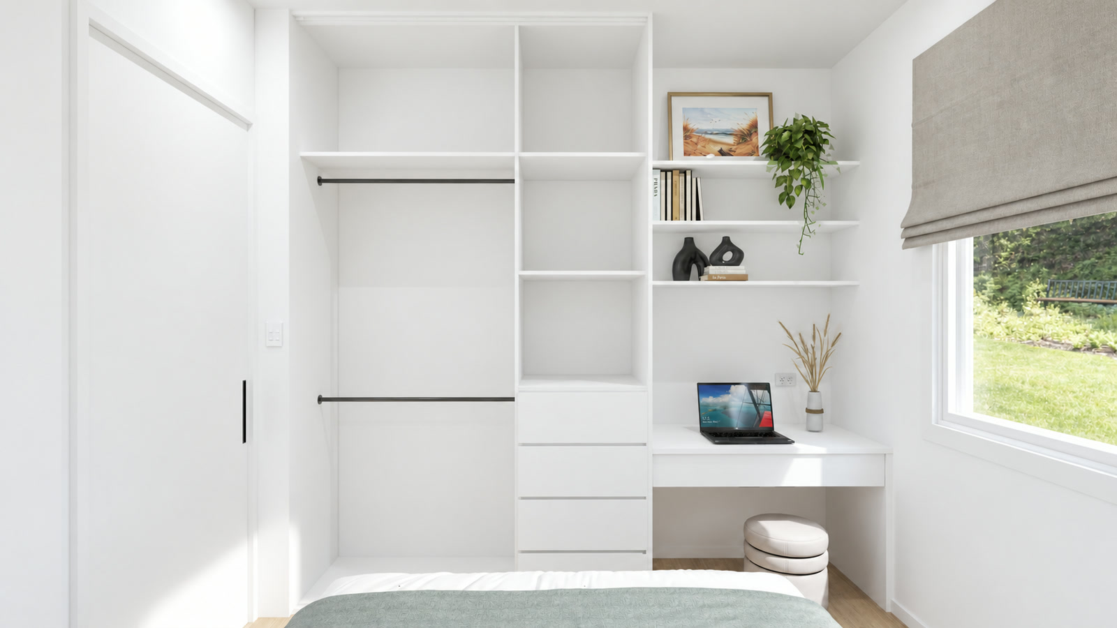 Classic bedroom open wardrobe and built-in desk