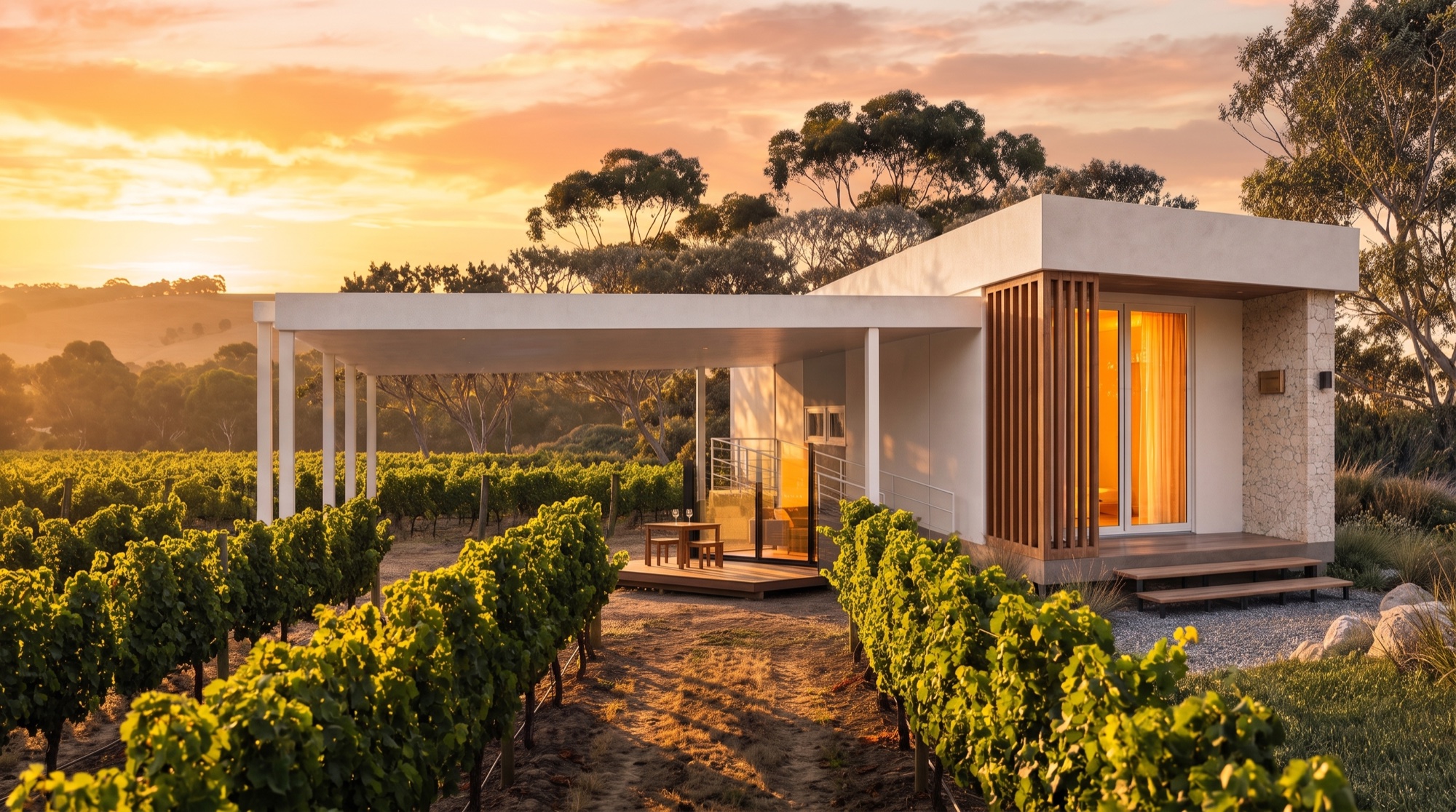 NOMI exterior — Vineyard acreage · golden hour