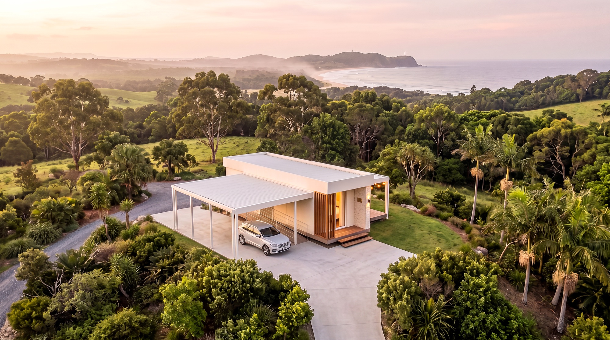 NOMI exterior — Byron Bay hinterland, driveway and carport