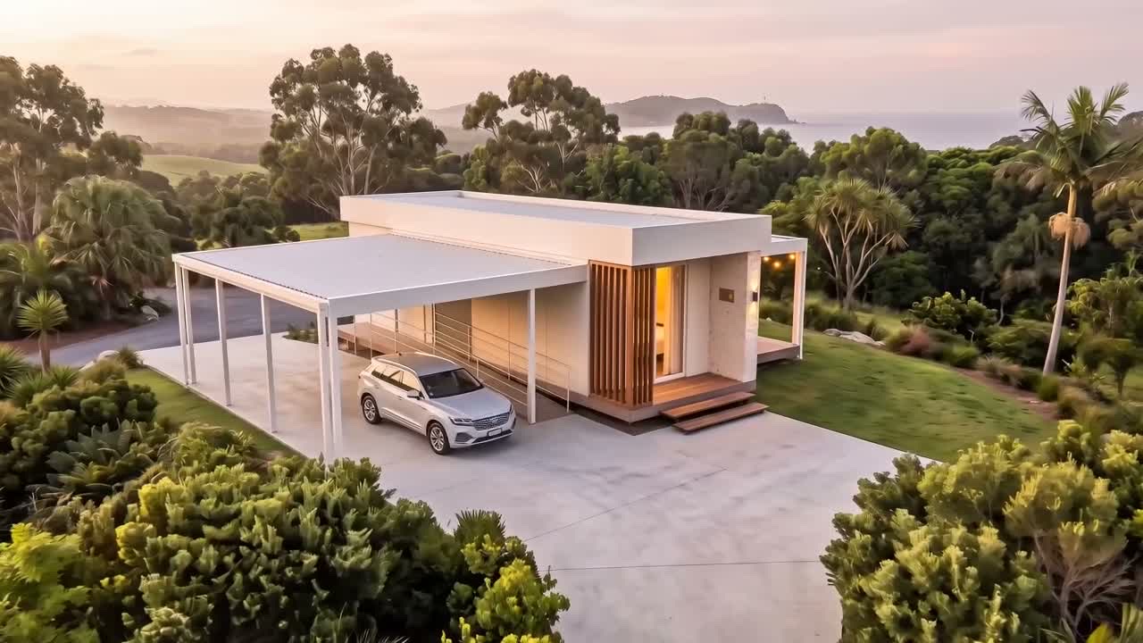 NOMI exterior — Byron Bay, concrete driveway to the carport
