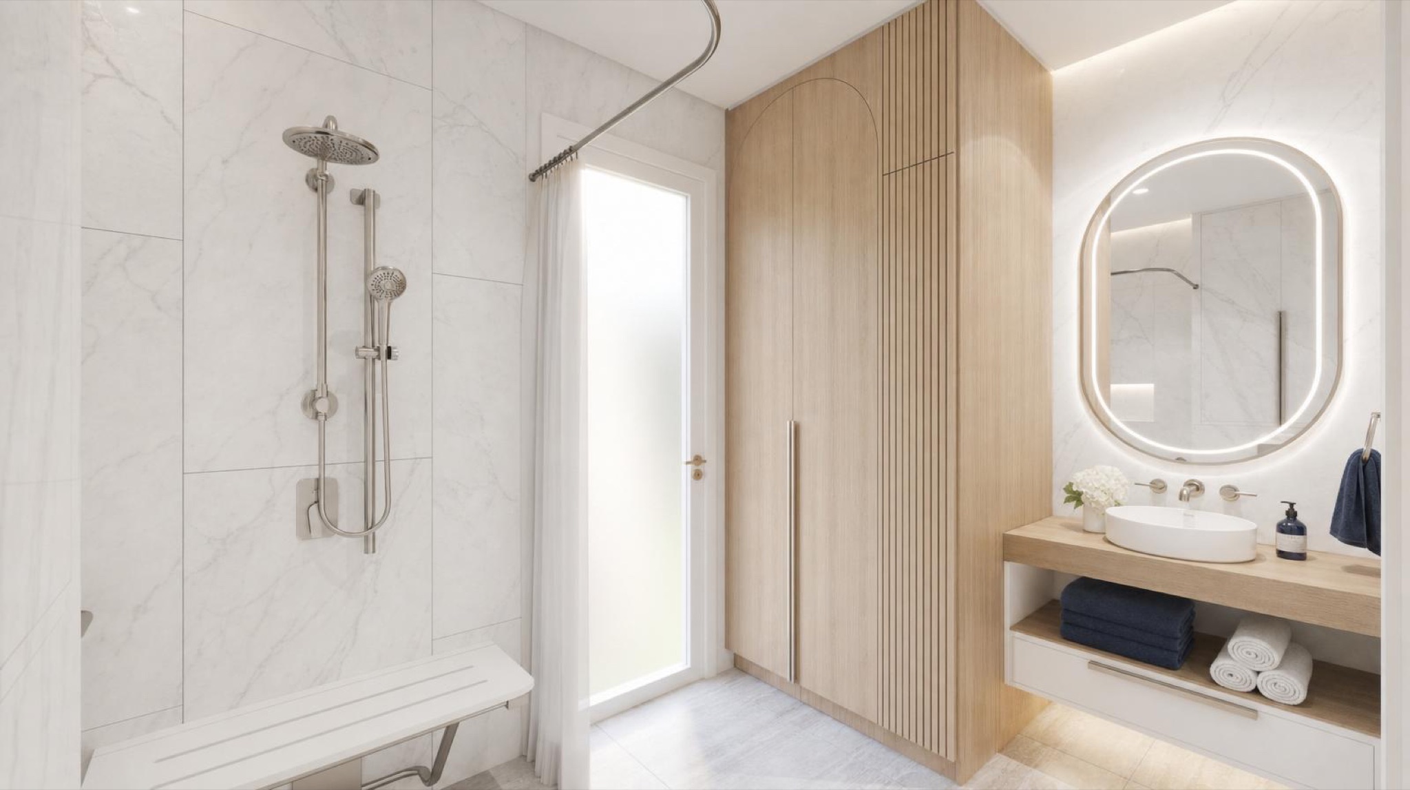 NOMI Kin Hamptons Bathroom — shower bench