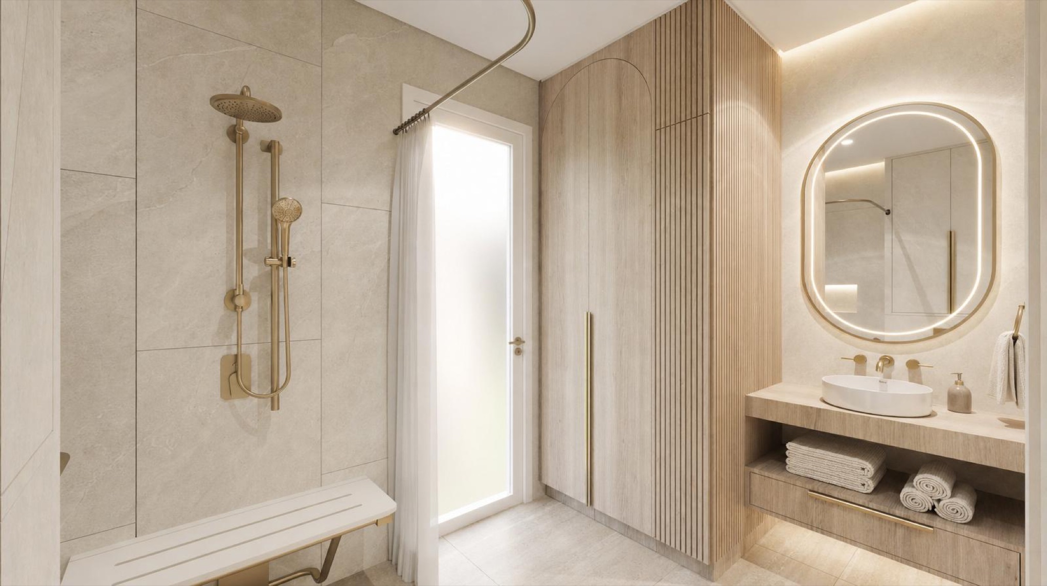 NOMI Kin Elegant Minimalist Bathroom — shower bench