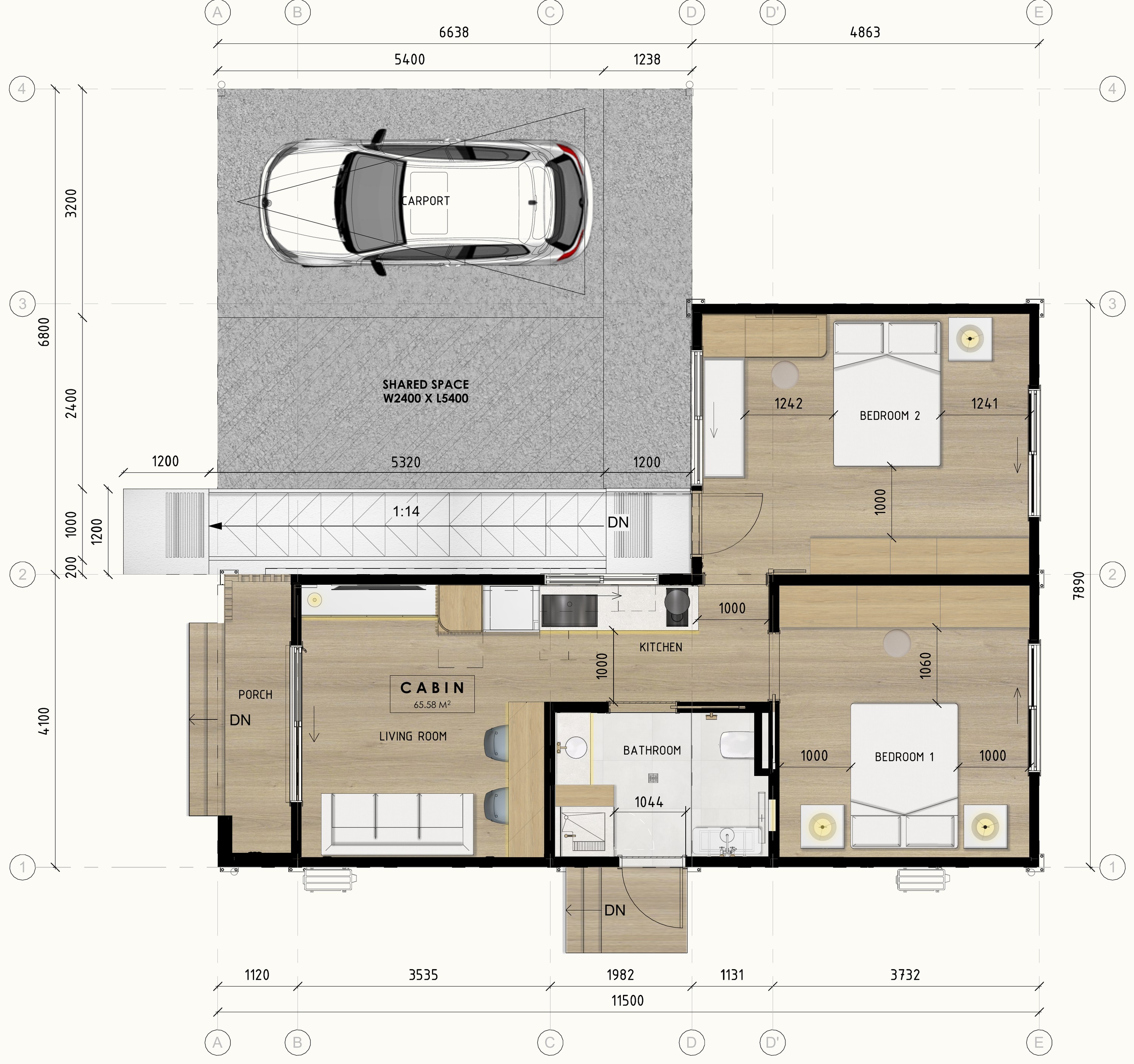NOMI Kin XL floor plan — 65.58 m² cabin, 45.13 m² carport