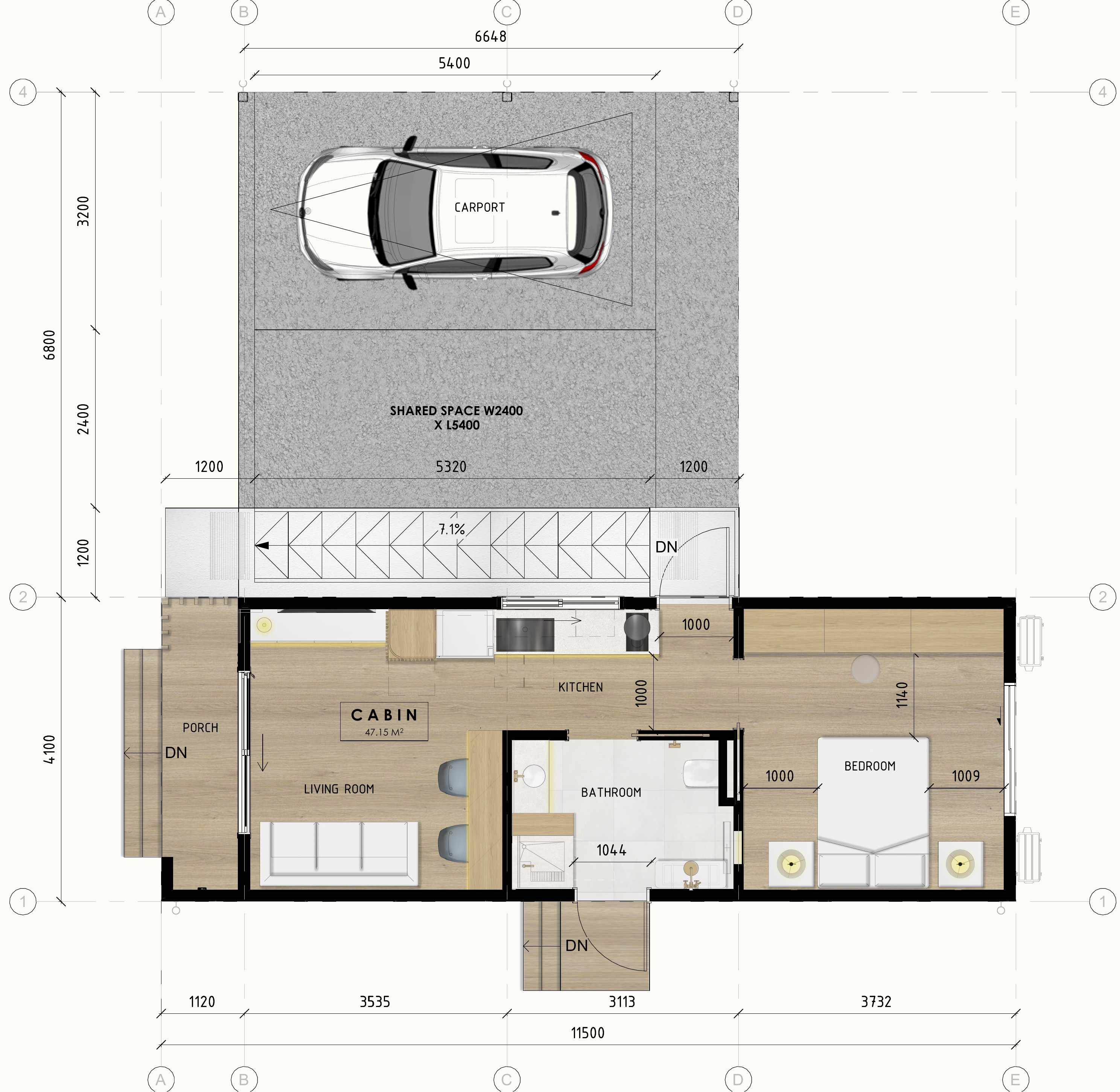 NOMI XL floor plan — 47.15 m² cabin, 45.74 m² carport