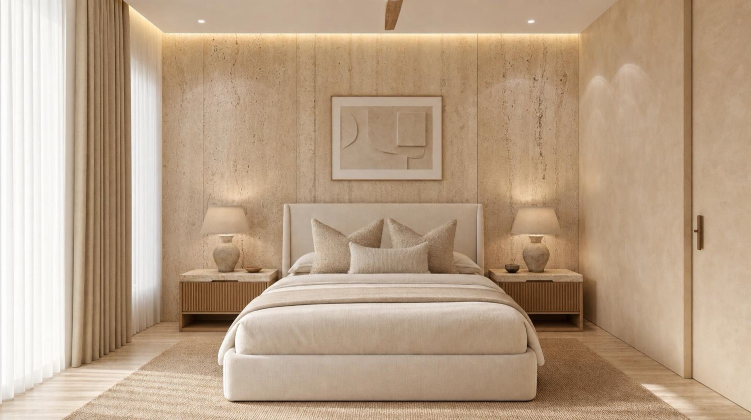 NOMI Maison Travertine Bedroom — wide