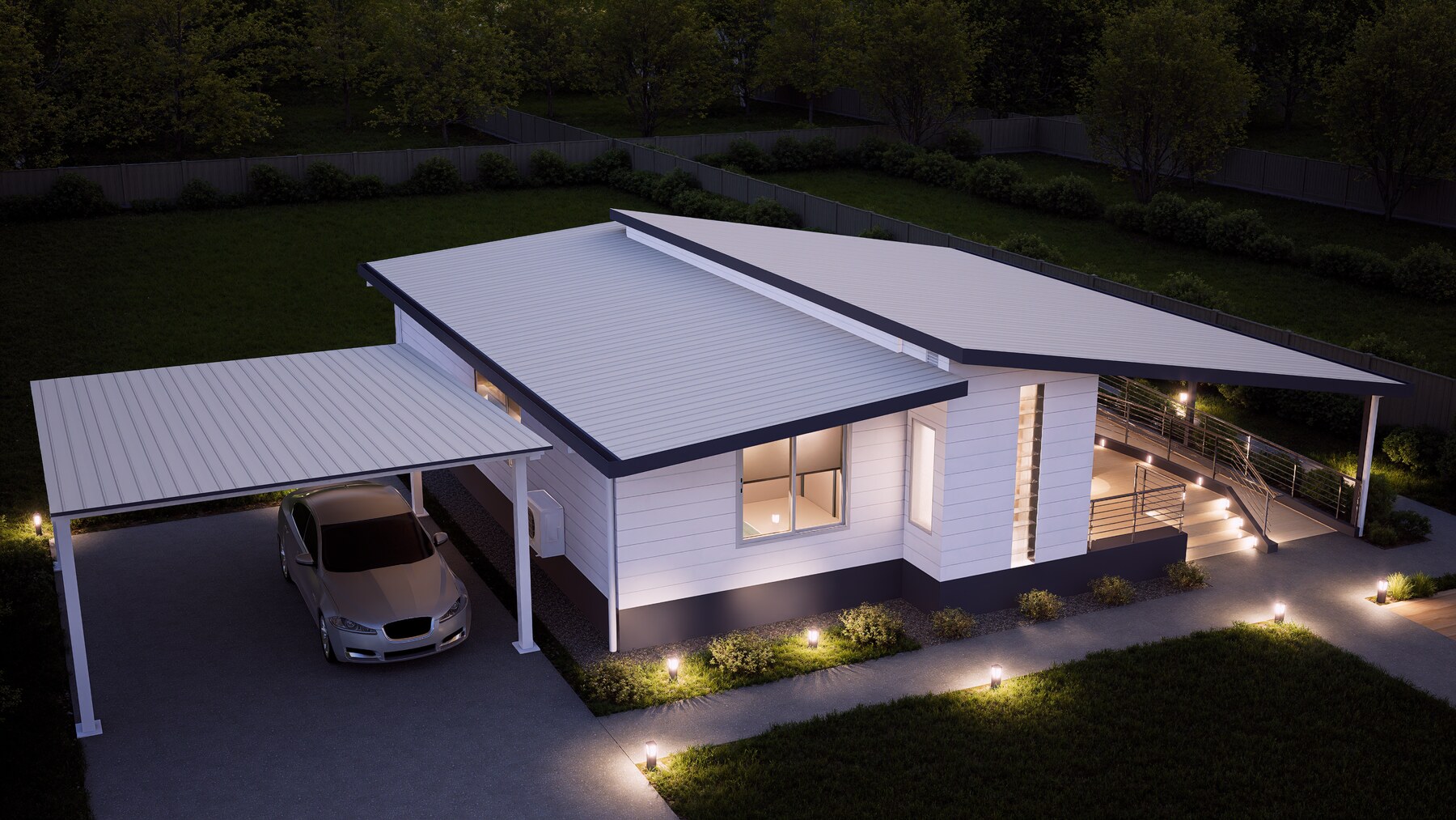 VIVID exterior — side elevation at blue hour