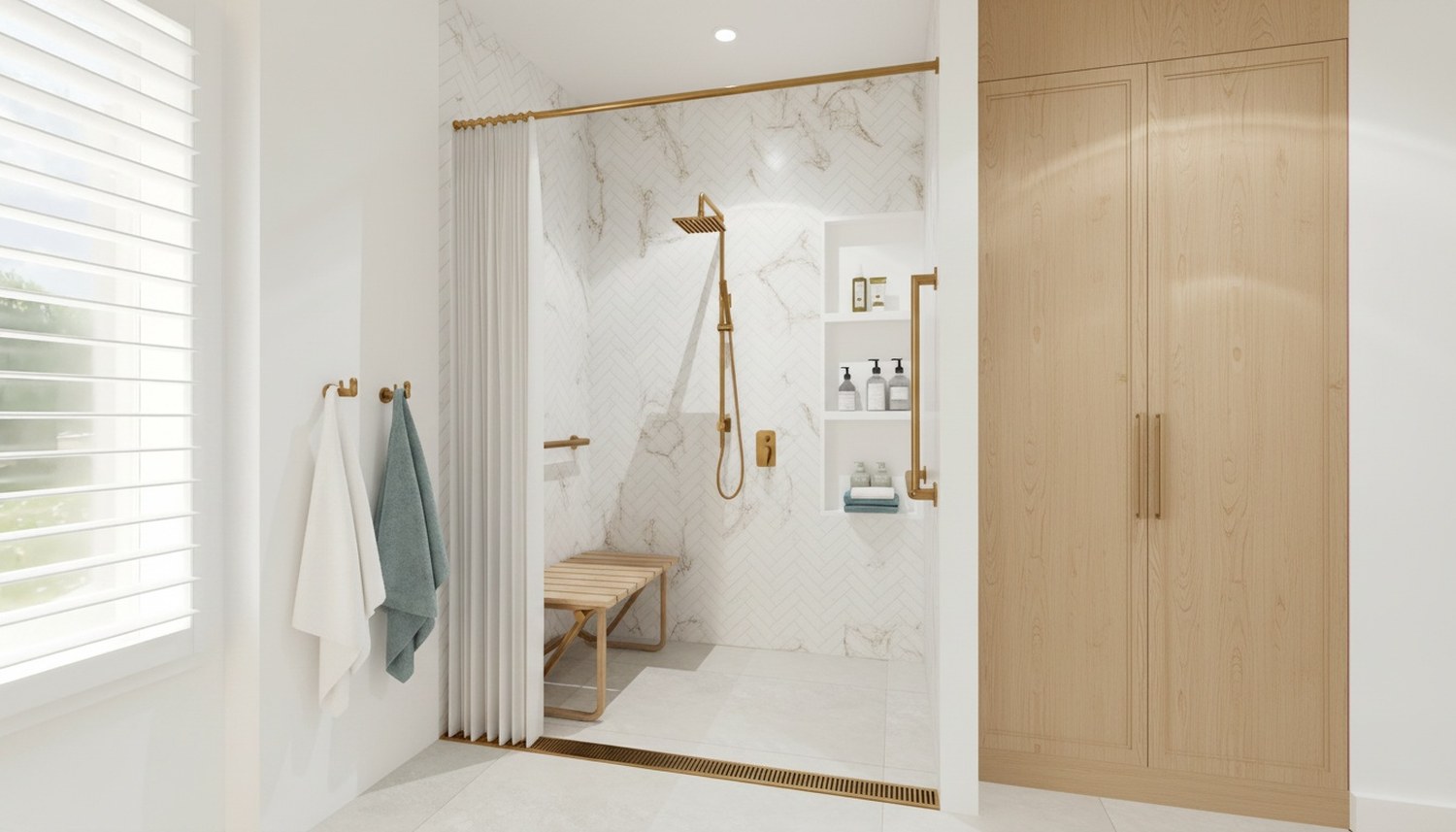 VIVID Coastal Luxe roll-in shower with fold-down seat